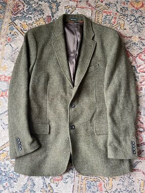 J Crew Harris Tweed Sport Coat / Blazer 100% Wool Olive Green Classic Mens 46R